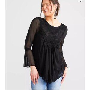 Ultra Pink Womens Lace Embroidered Beige Blouse Top With Flowy Hem & Bell Sleeve